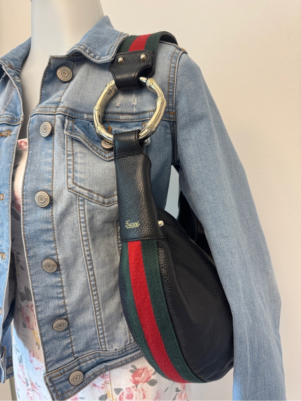 Gucci Black Crescent Bag w/Green & Red Stripe & Gold Bamboo Rings